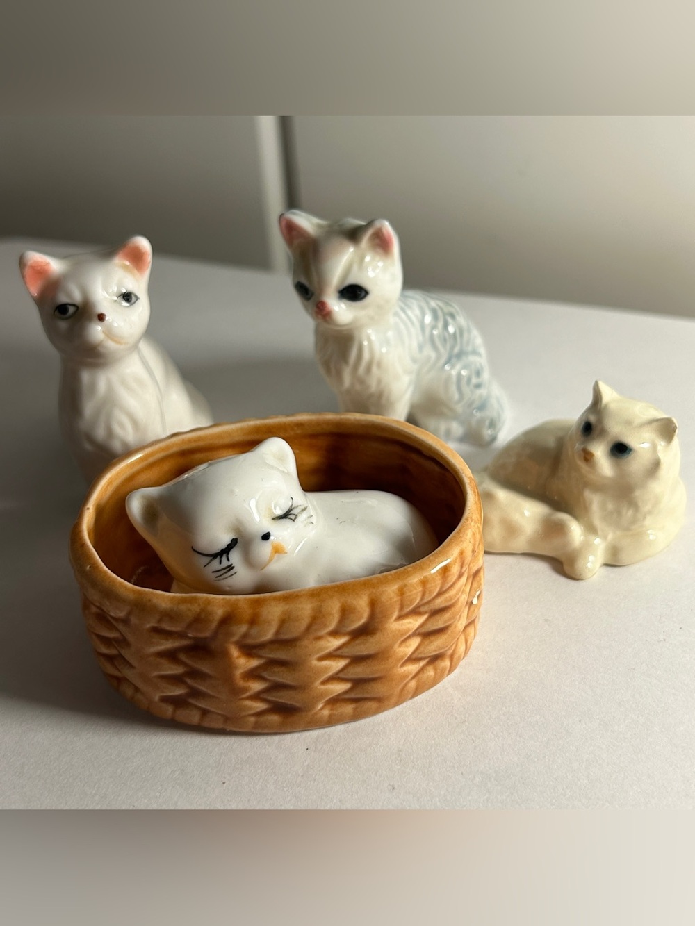 vintage miniature white cat figurines set of 4 lefton style MCM mini Persian
